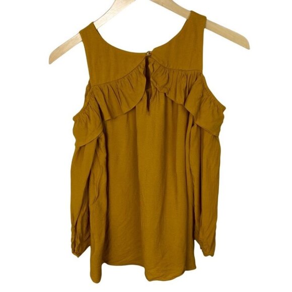 Anthropologie Maeve Brearly‎ Mustard Yellow Open Shoulder Ruffle Top Size 2 Boho - Picture 5 of 15